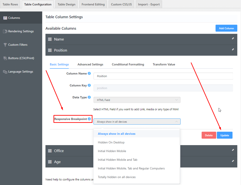 Configure Responsive Breakdowns for Ninja Table