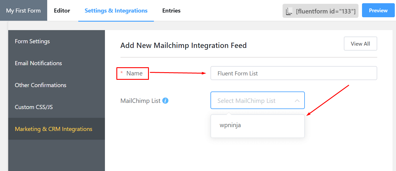 Choose List Of MailChimp Integration WP Fluent Form