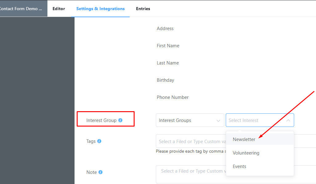Creating and saving a group in Mailchimp Fluent Forms