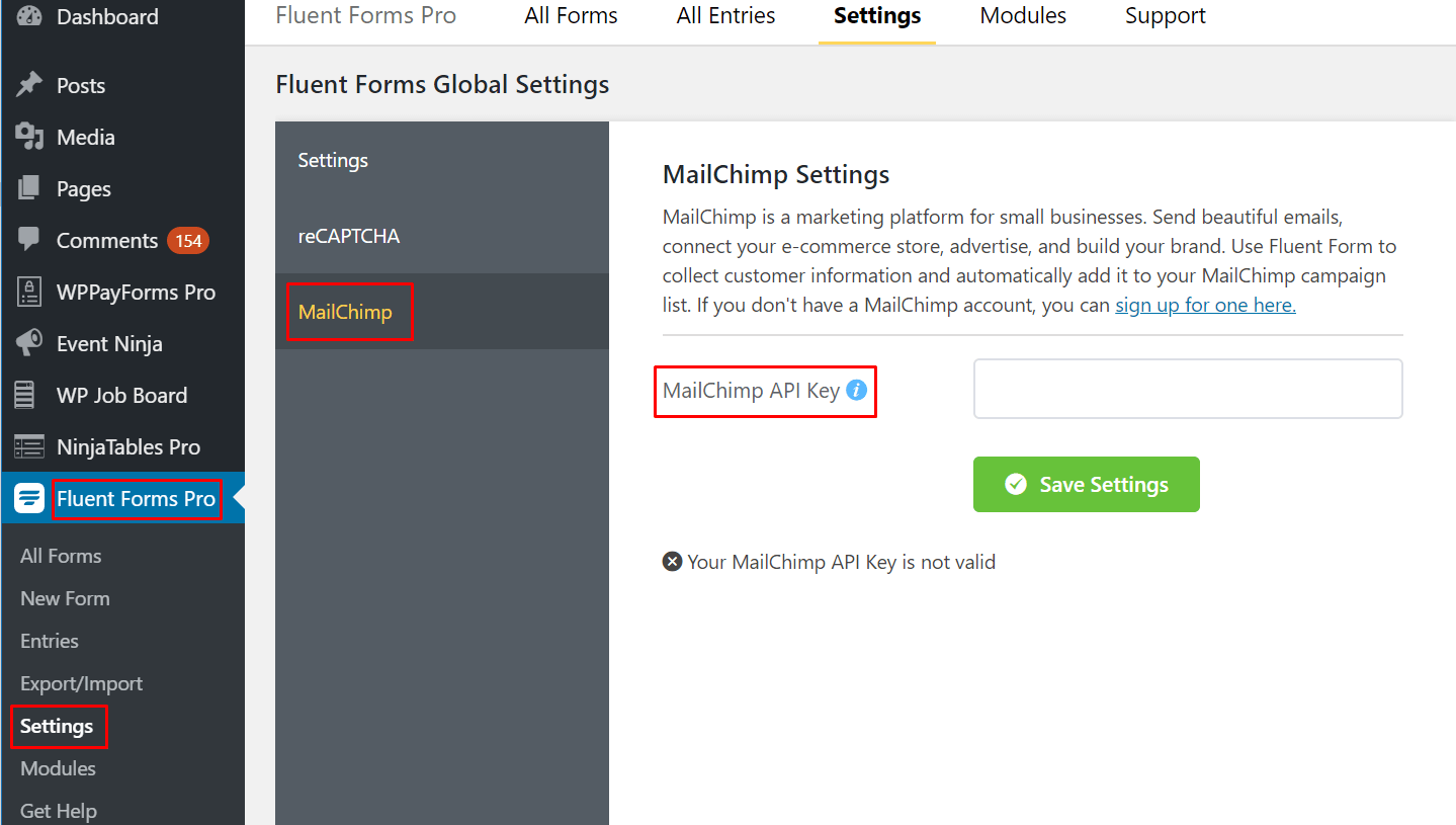 Enter Mailchimp API Key WP Fluent Form