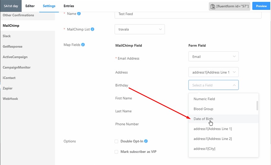 Map your Fluent Forms fields with MailChimp
