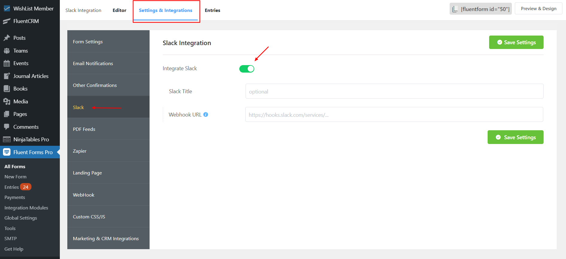 Slack Integration Settings - WP Fluent Form 