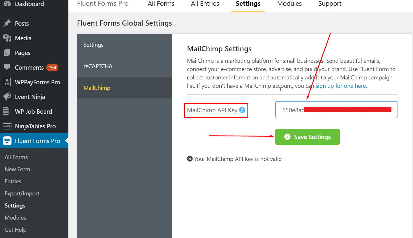 WP Fluent Form and MailChimp API Key Setting