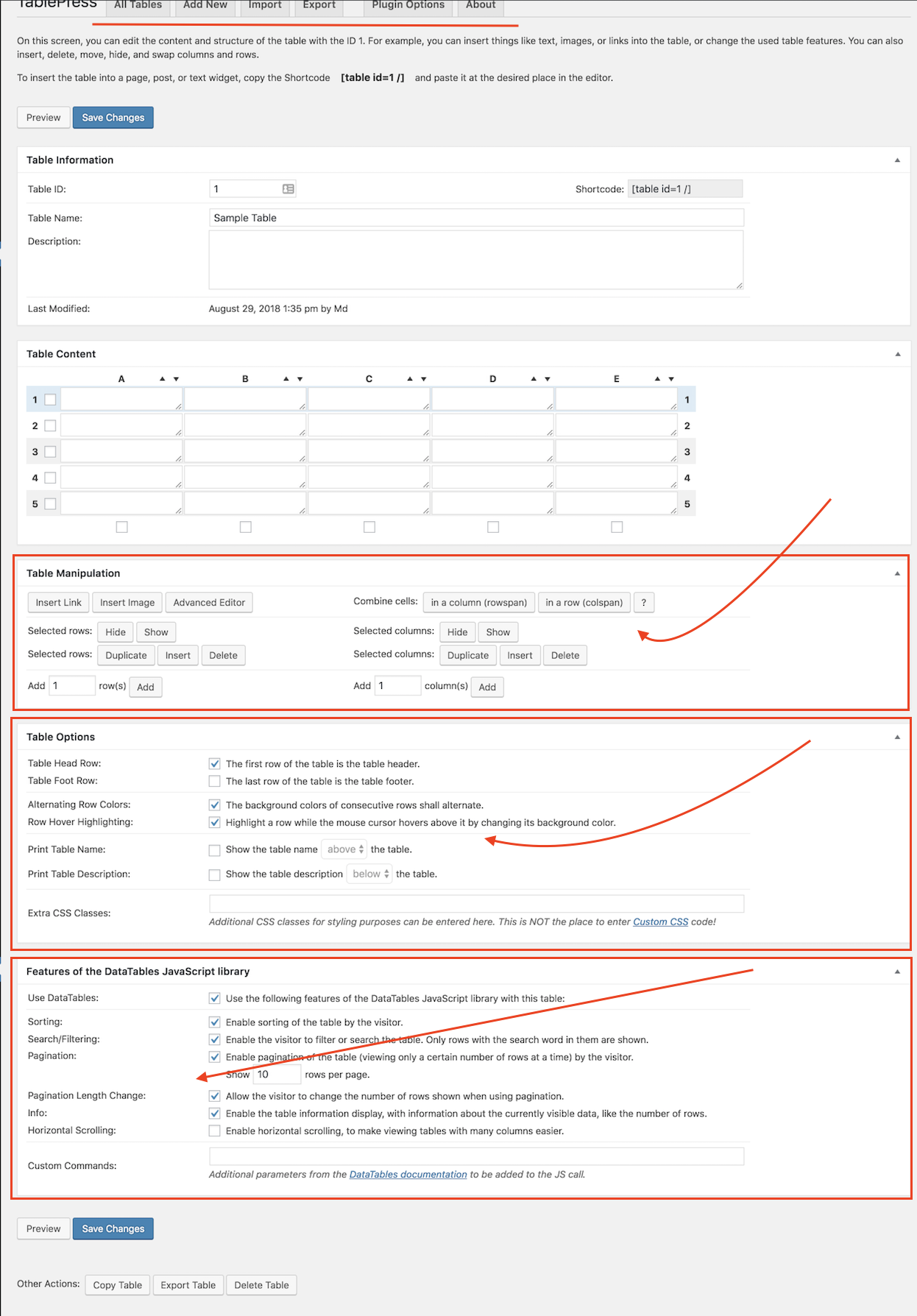 TablePress features