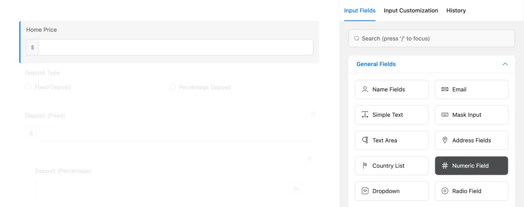 Fluent Forms add numeric fields to create a mortgage calculator in WordPress