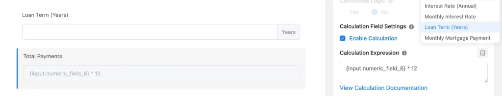 Fluent Forms calculating total number of monthly payments from loan term