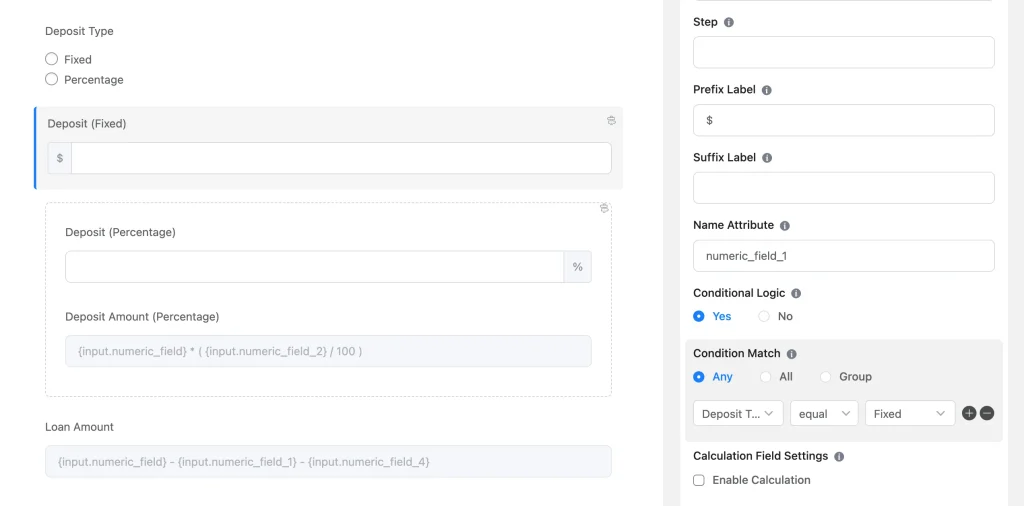 fluent forms conditionally displaying fixed or percentage deposit options