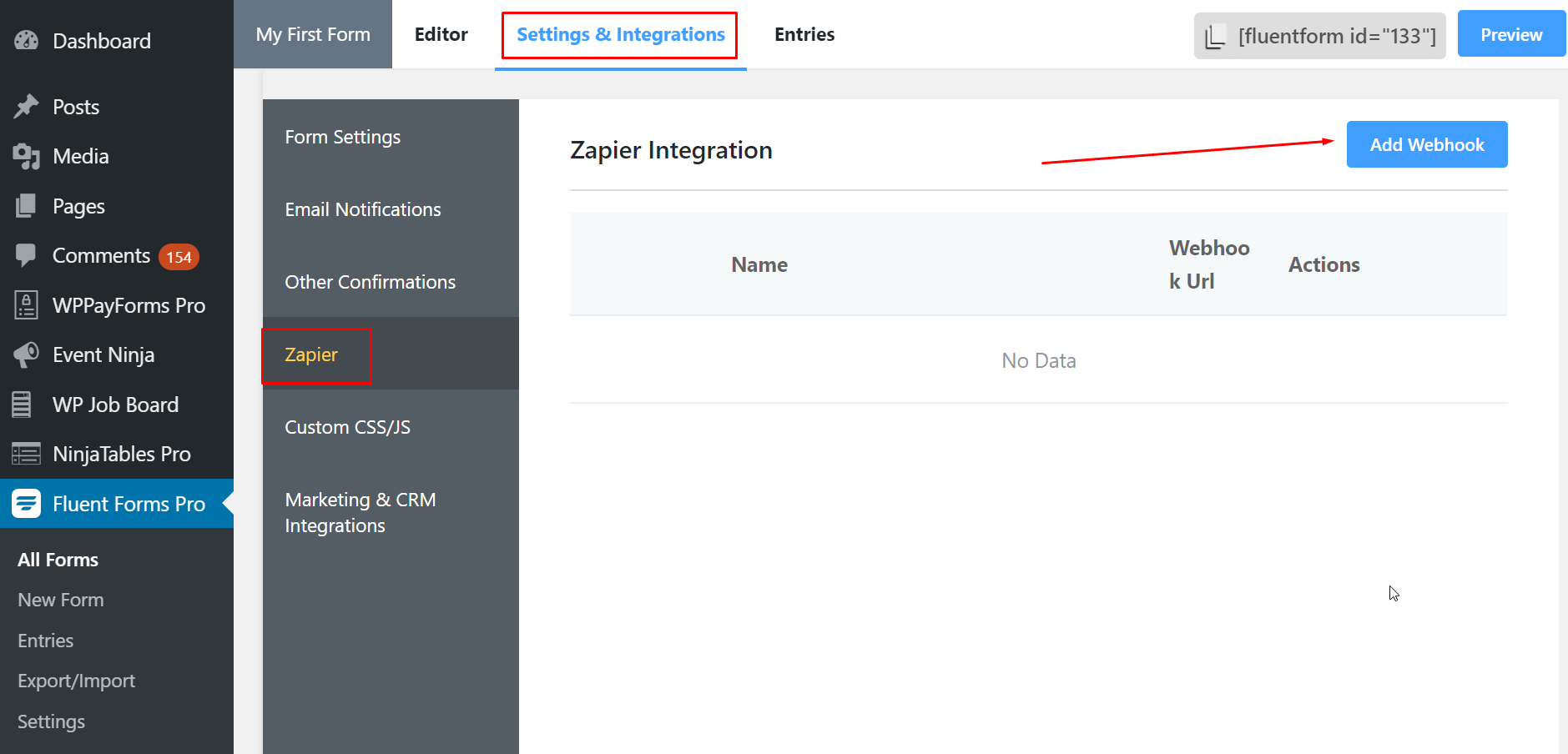 Add Webhook in the Zapier Settings tab WP Fluent Forms