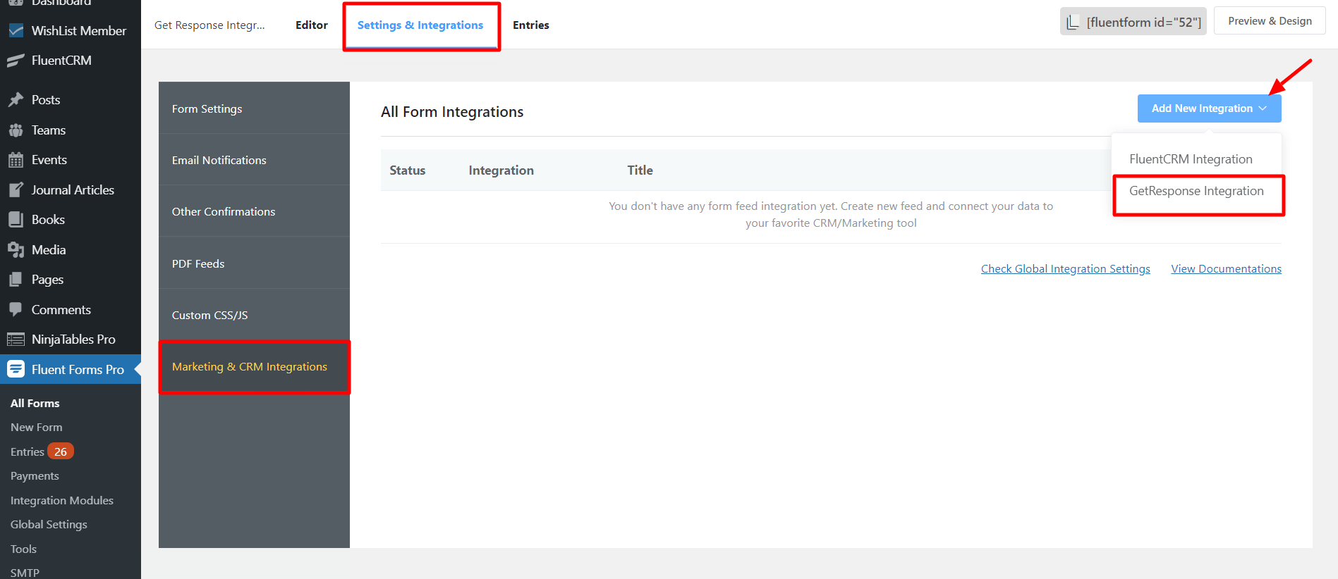 Get Response Integration in WP Fluent Form Settings