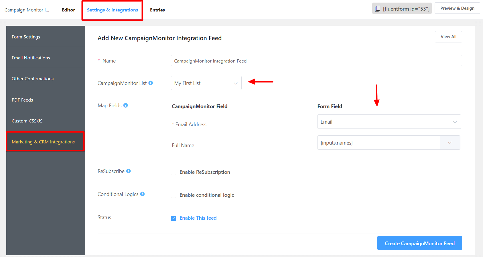 Campaign Monitor Mapping fields in Fluent forms