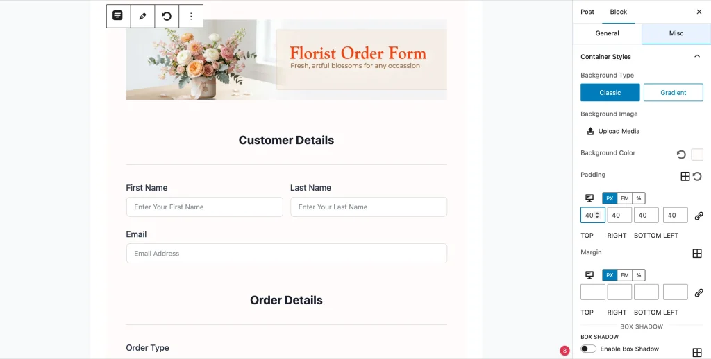 Image Showing Fluent Forms Gutenberg block styler Misc tab with container background, padding, and box shadow controls