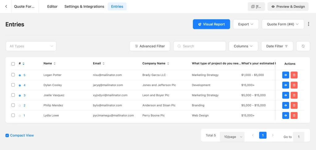 Image showing Fluent Forms entries dashboard listing quote form submissions with filter and export options