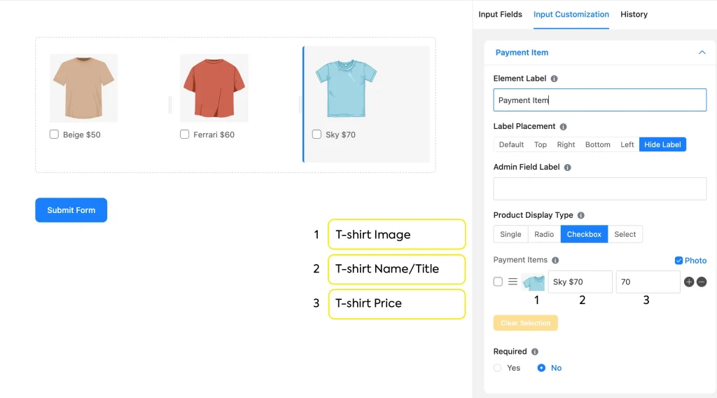 Image showing Fluent Forms payment item field configured with t-shirt product images, names, and prices