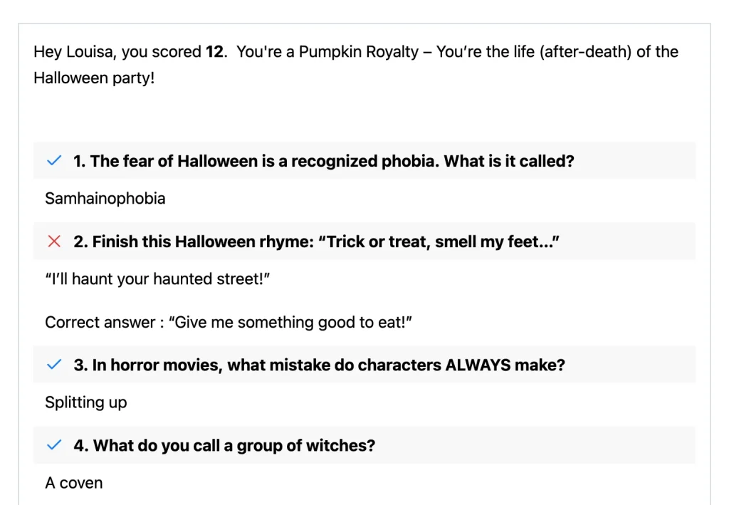 Image Showing Fluent Forms quiz result page showing a scored Halloween quiz with correct and incorrect answers