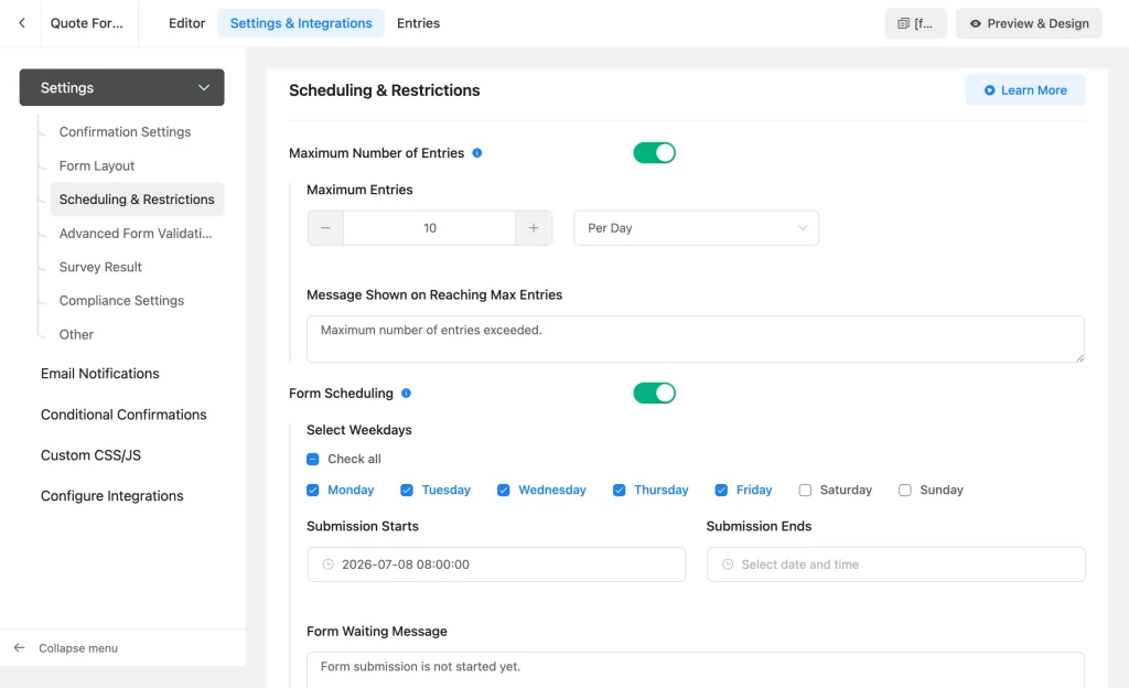 Image Showing Fluent Forms scheduling and restrictions settings with max entries and weekday form scheduling