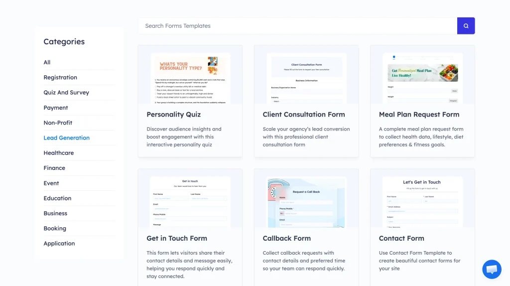 Image Showing Fluent Forms template library showing use-case-specific templates like personality quiz and meal plan request