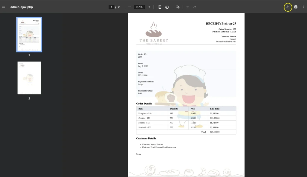 Image showing PDF generated from a form submission, open in a browser viewer with download option