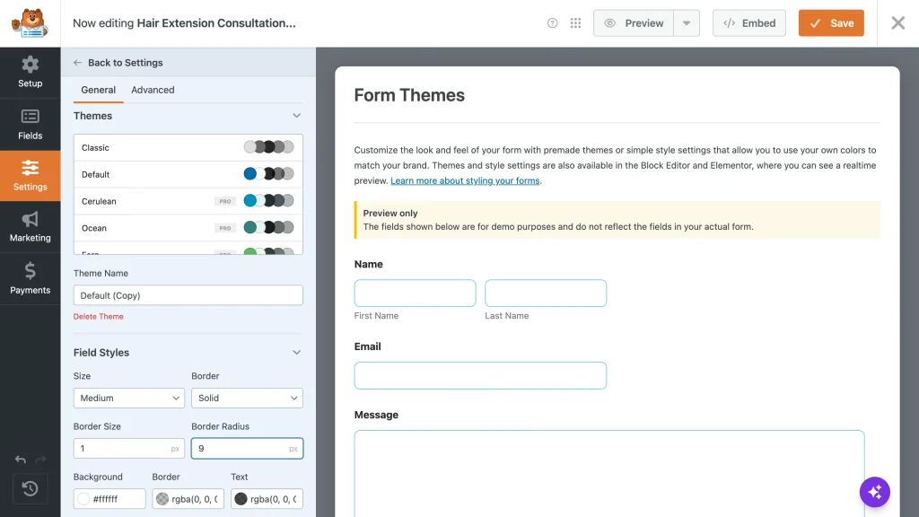 Image showing WPForms form themes styler showing free and PRO themes with field style controls