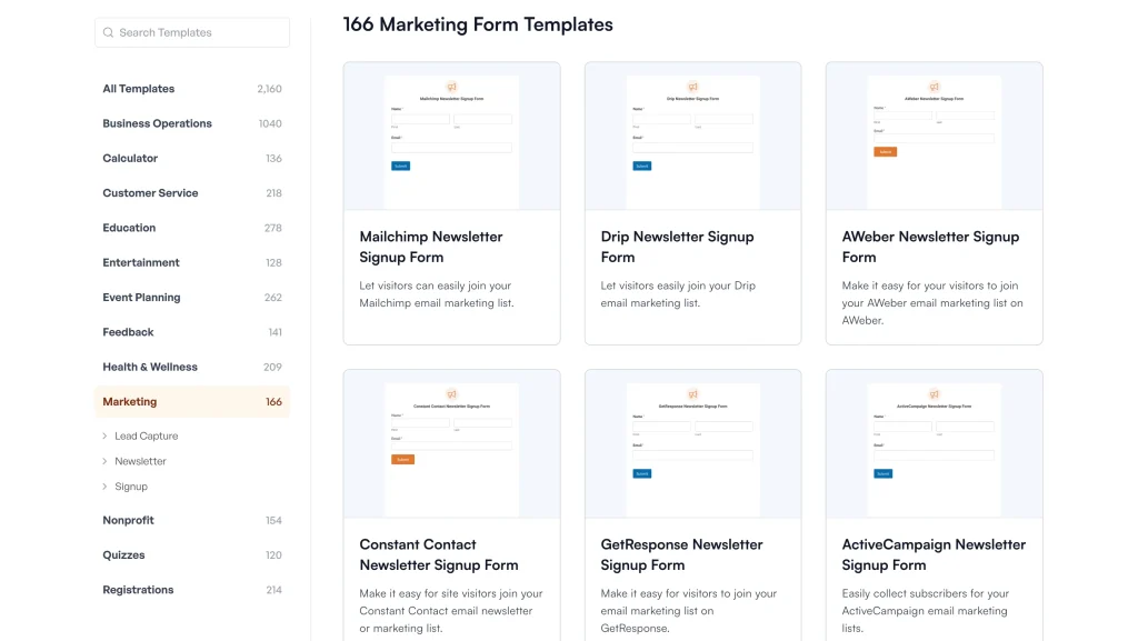 Image showing WPForms marketing template category showing near-identical newsletter signup templates for each email service