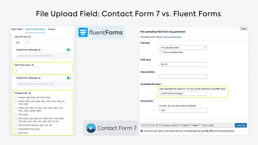 Image showing file upload fields of both contact form 7 and Fluent Forms