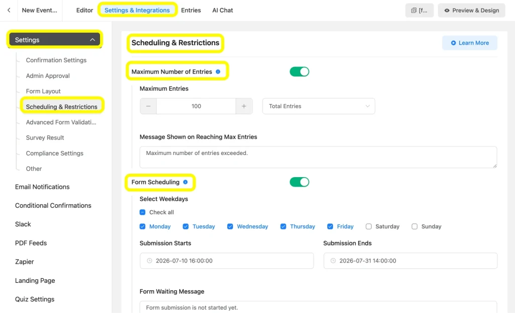Image showing how to schedule the form and limit entries