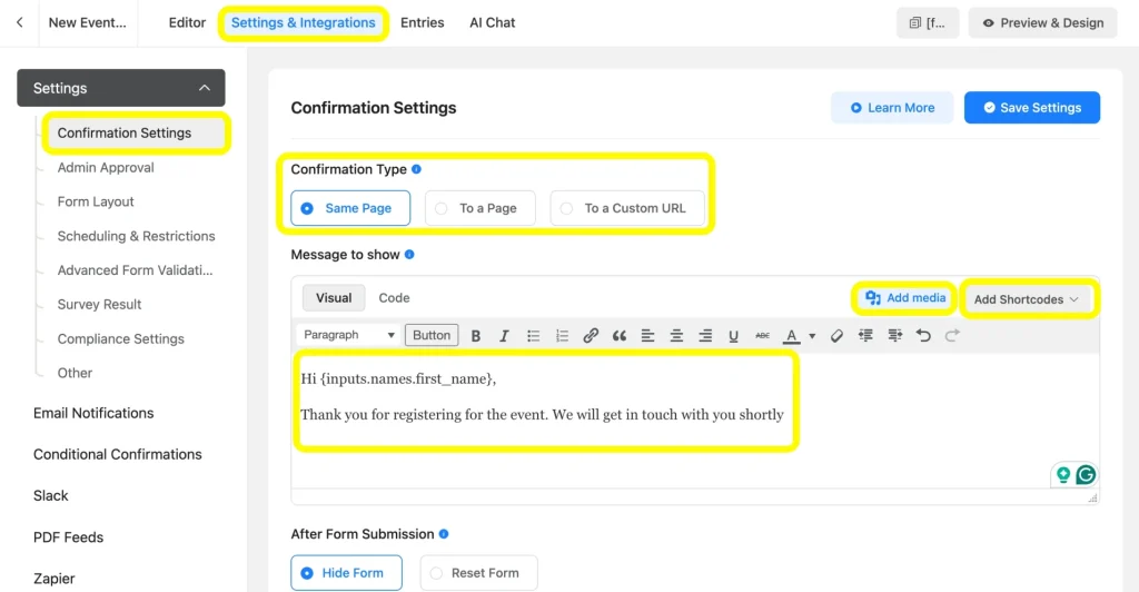 Image showing how you can Set up confirmation and form submission notification