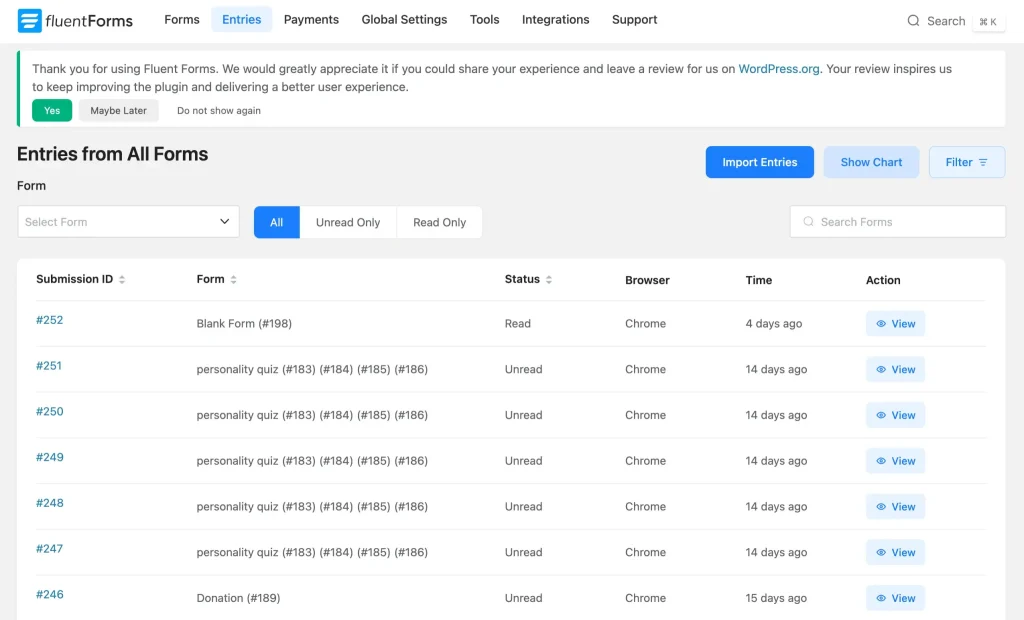 Image showing Fluent Forms entries list. Fluent Forms stores every entry in a searchable table, shows individual submission details with IP and device data, and renders results as pie and bar charts. You can also select and export specific entries. If you rely on your form data, that built-in visibility matters.