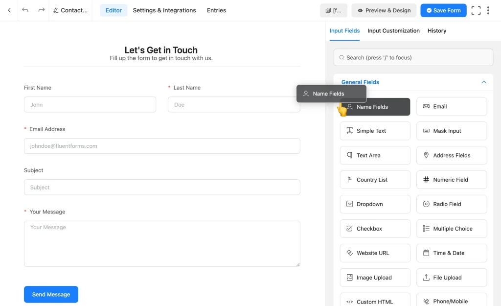 in the image Fluent Forms shows a field panel you drag from, click-to-edit options, and real-time changes. You can open the Preview & Design tab before you place the form on a page.