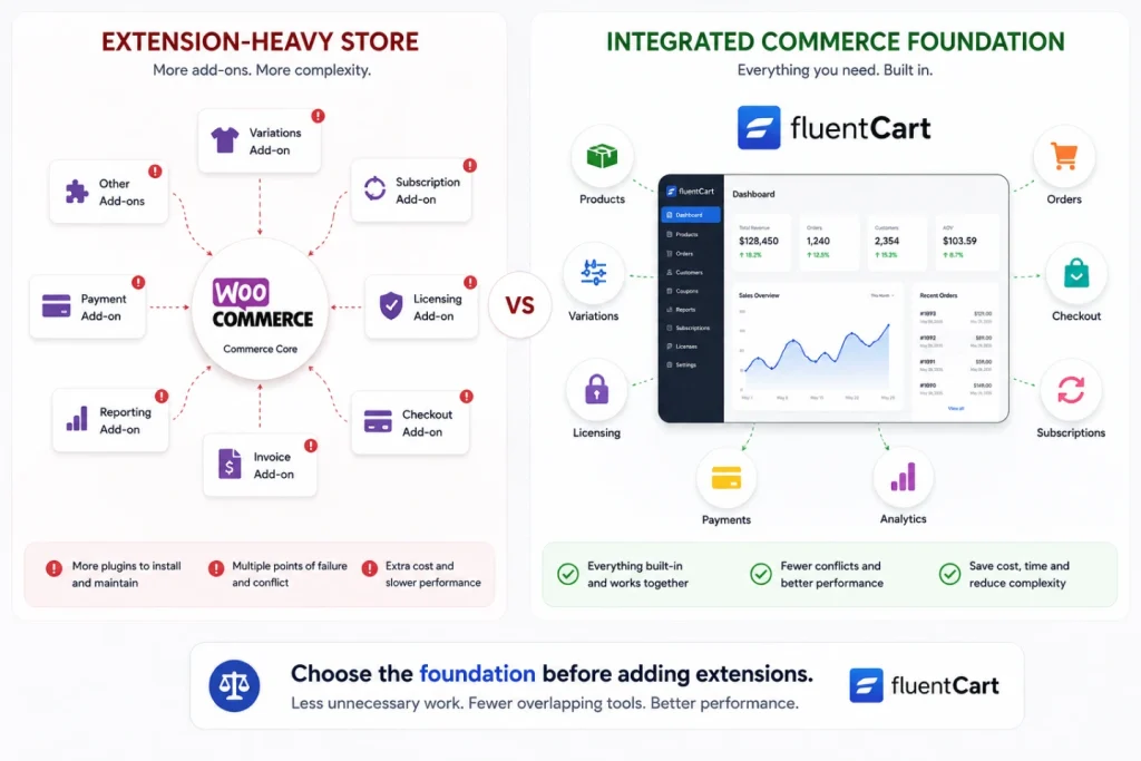 Image showing WooCommerce plugin dependencies vr FluentCart integrated commerce platform. A practical FluentCart example.