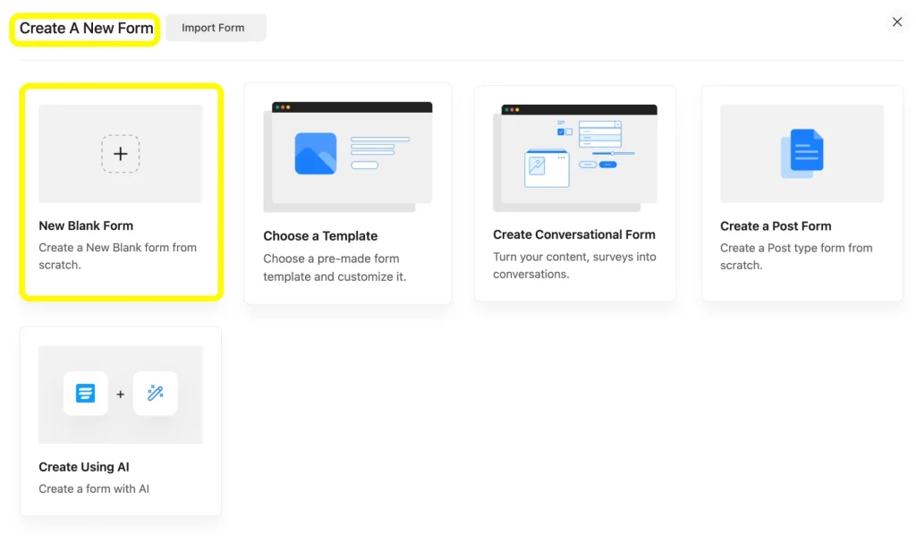 Image Showing Add and customize the required fields
From your WordPress dashboard, go to Fluent Forms > Add New. You can start from a new Blank Form or choose one of the ready-made options from the form templates library