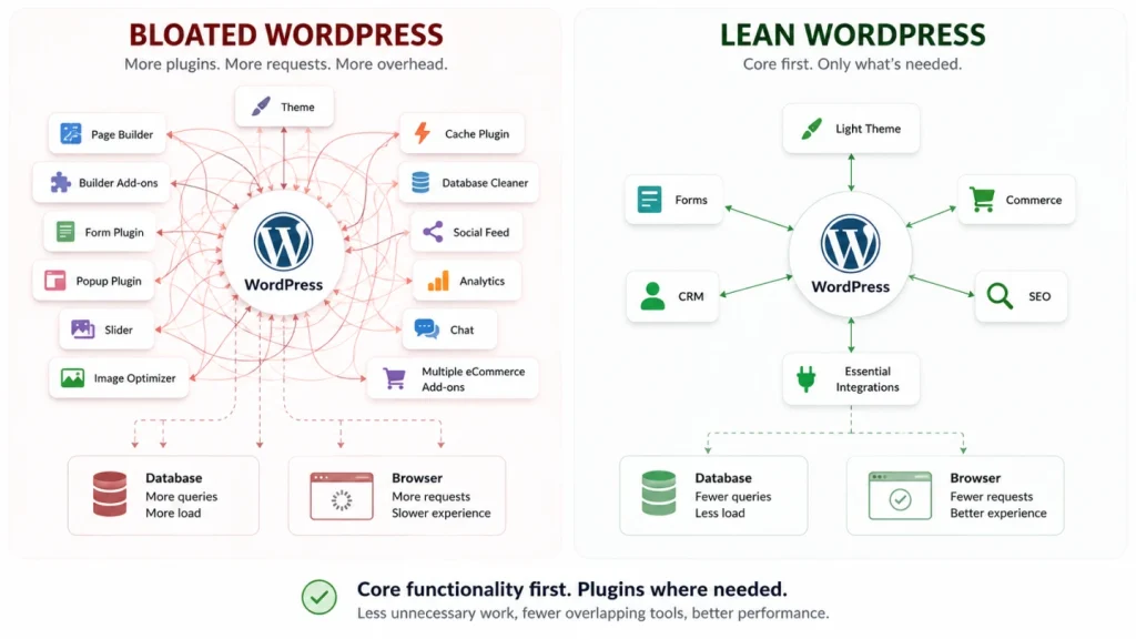 Image showing Bloated WordPress with a ton of plugins vs a lean WordPress with only necessary plugins. Use Fewer Plugins, but Do Not Turn Plugin Count Into a Performance Score