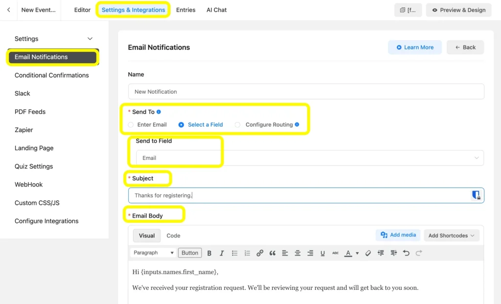 Image showing how you can setup email notification to configure a confirmation email sent to the attendee