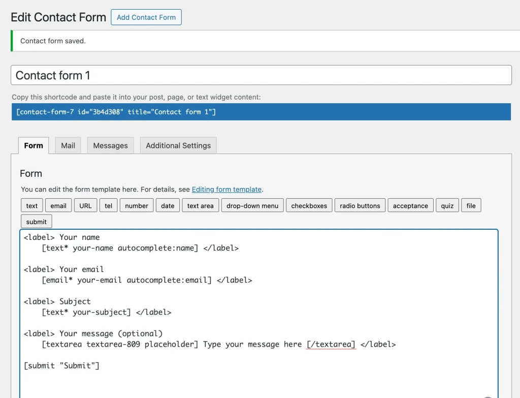 Image showing Contact form 7 editing panel. Contact Form 7 ships a core set: text, email, URL, number, date, dropdown, checkbox, radio, file upload, and a basic quiz tag. That covers standard contact forms well.