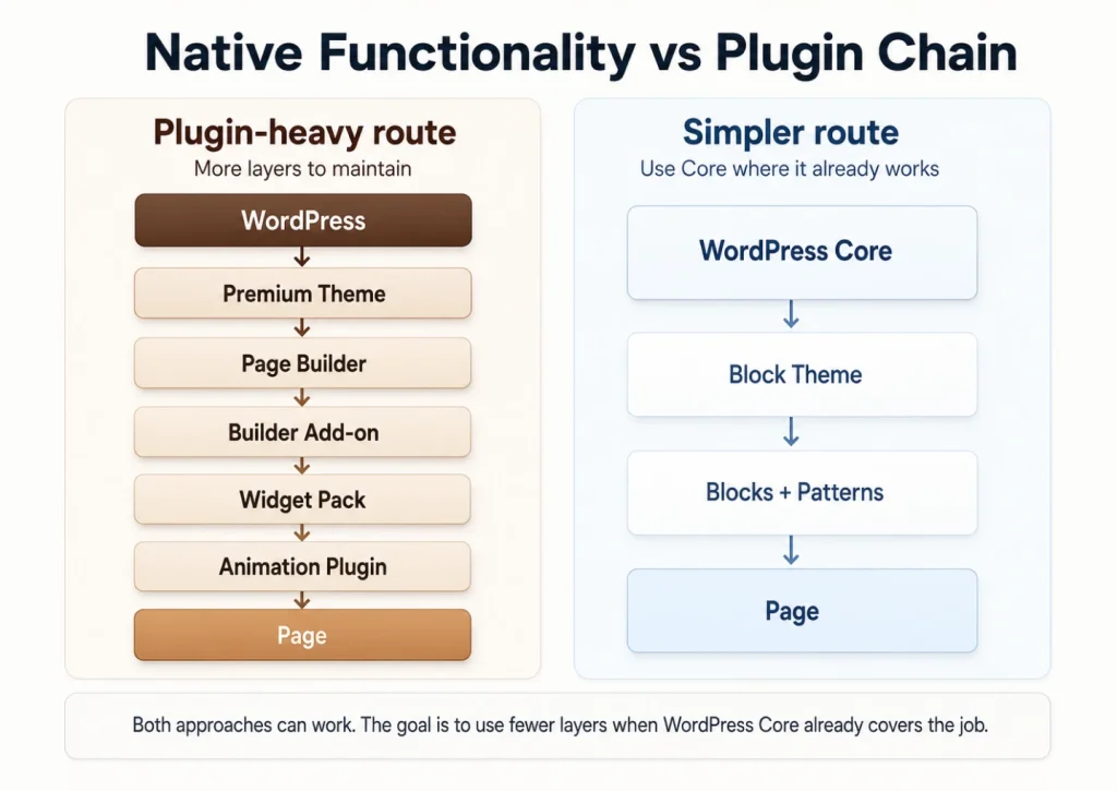 Image showing Native Functionality vs Plugin chain in WordPress. See if WordPress already handles it