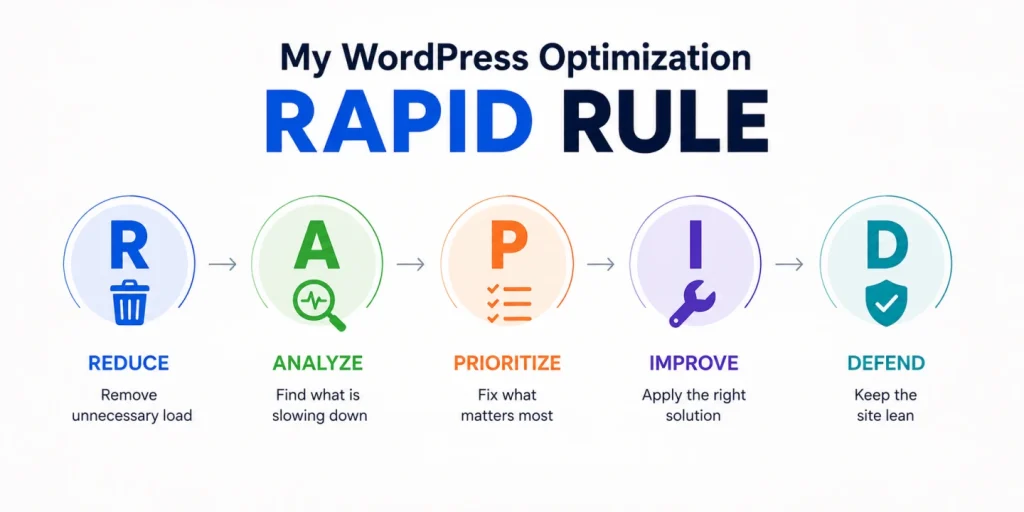 Image showing WordPress Optimization RAPID Rule. RAPID rule: Reduce, Analyze, Prioritize, Improve, and Defend.