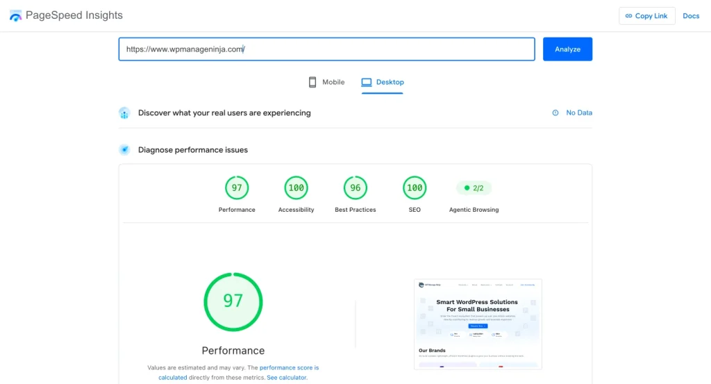 PageSpeed Insights report measuring WordPress performance and Core Web Vitals including LCP, INP, and CLS