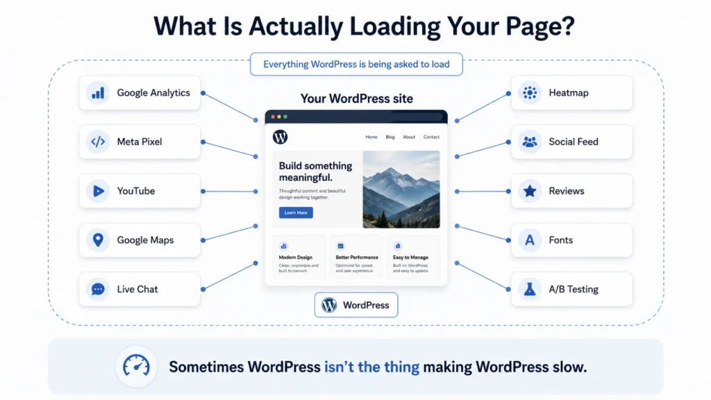 WordPress website loading third-party services including analytics, social feeds, chat, fonts, maps, and tracking scripts