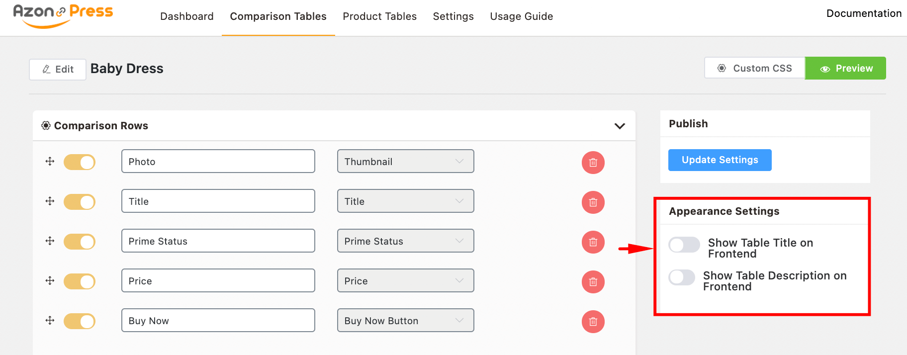 Comparision Table - Apearence Settings - Azonpress