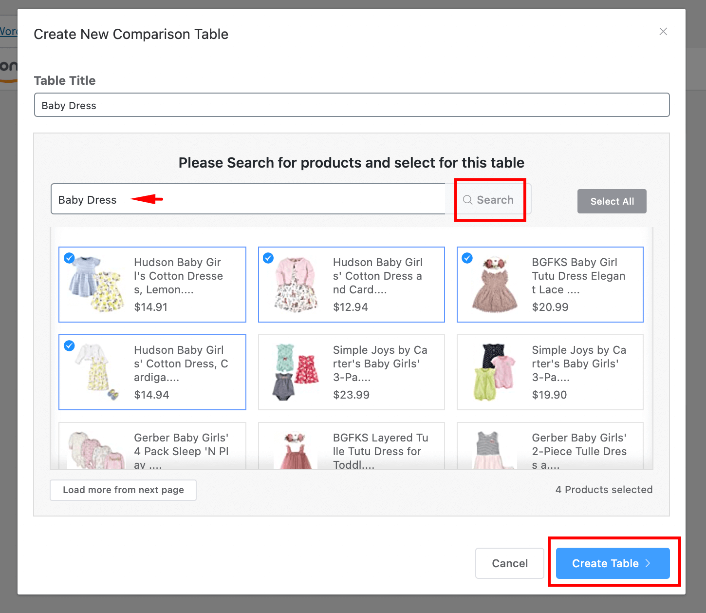 Create New Comparison table - Azonpress