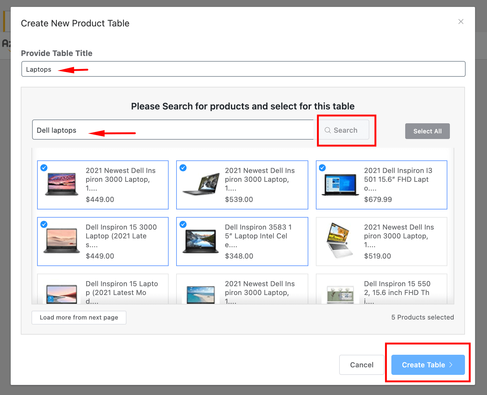 Select Product and Create Table - Azonpress