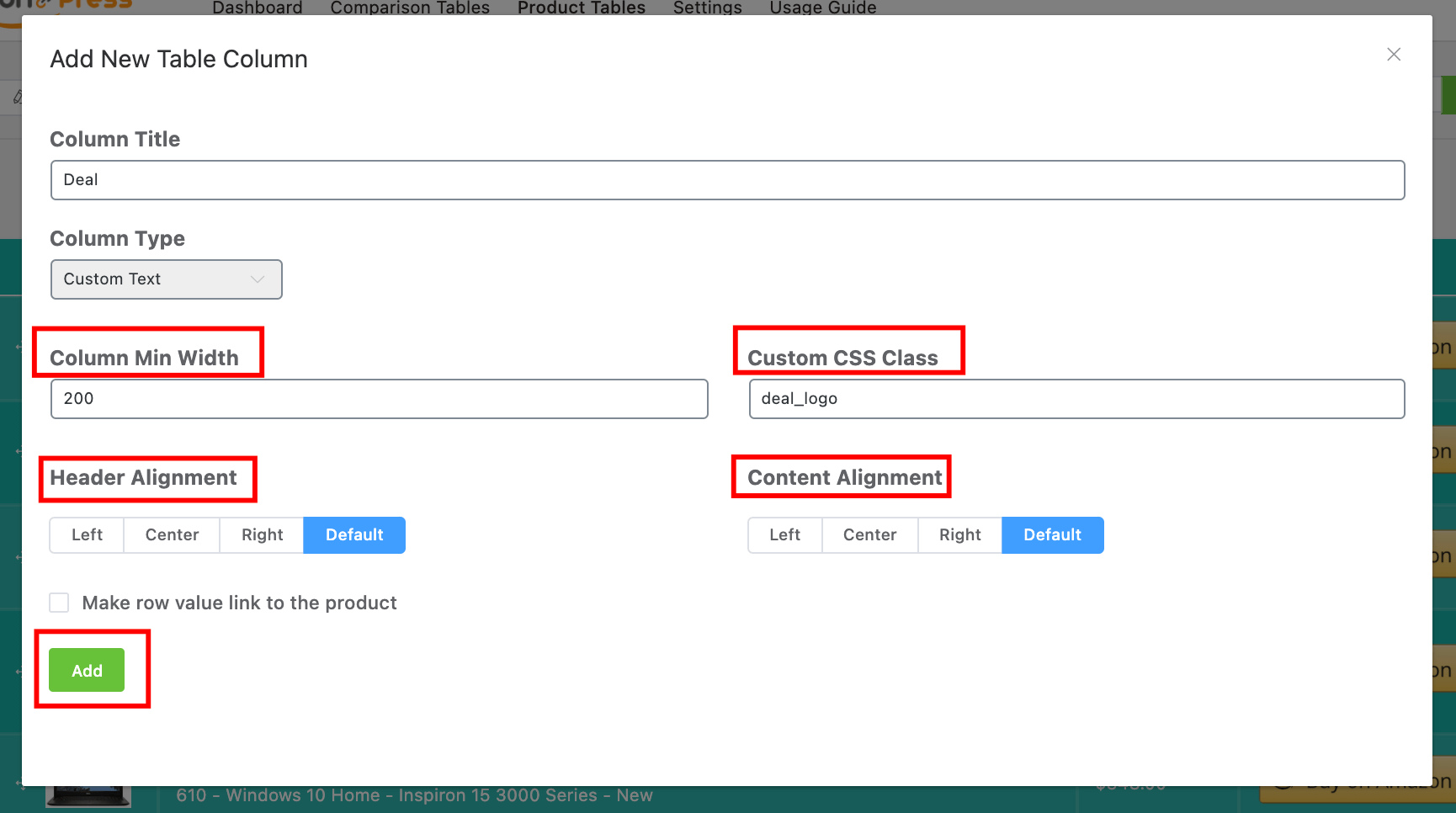 Table Columns Other Settings - Azonpress