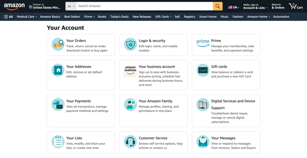 Amazon Accounts Landing Page with all the features and options