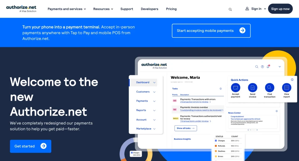 Authorize.Net is one of the oldest gateways (25+ years) and remains a dependable choice for businesses that value stability and already have a merchant account.