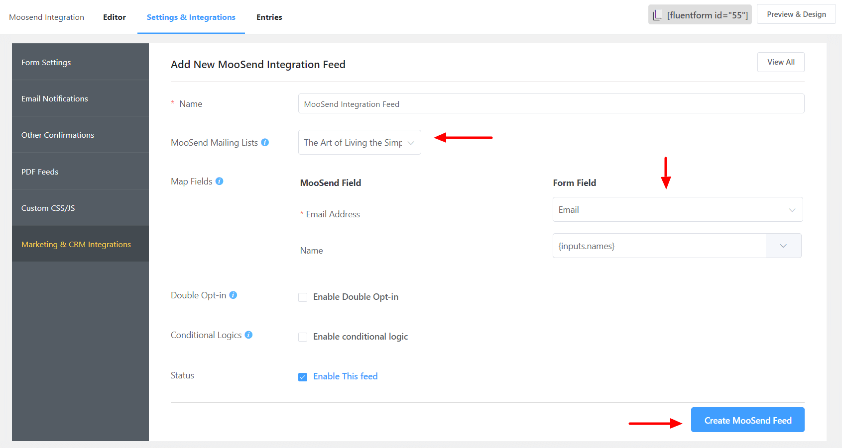 Moosend mapped fields - WP Fluent Form 