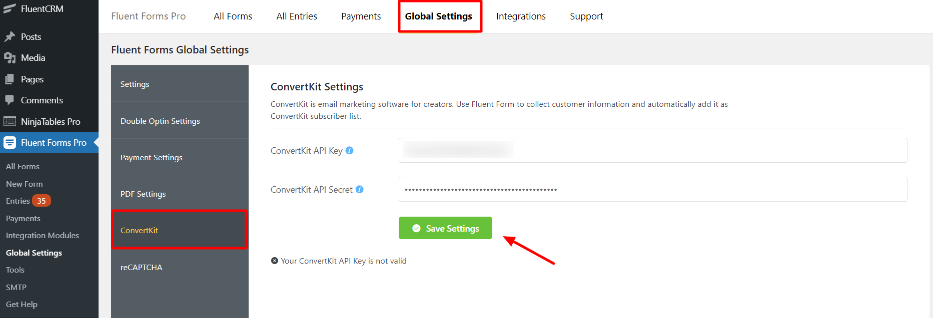 ConvertKit Global settings Fluent Forms