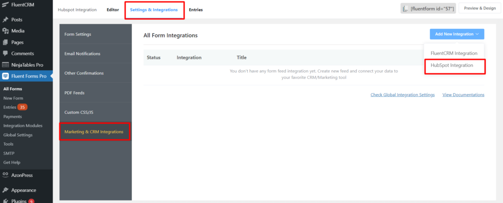 Hubspot Settings and Integrations Fluent Forms