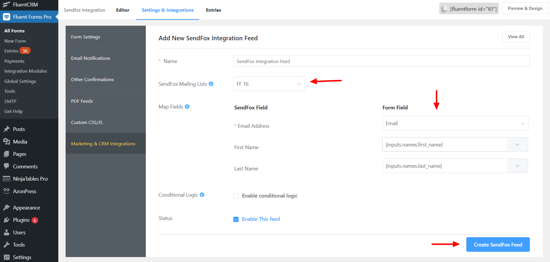 Sendfox Mapping fields Fluent Forms