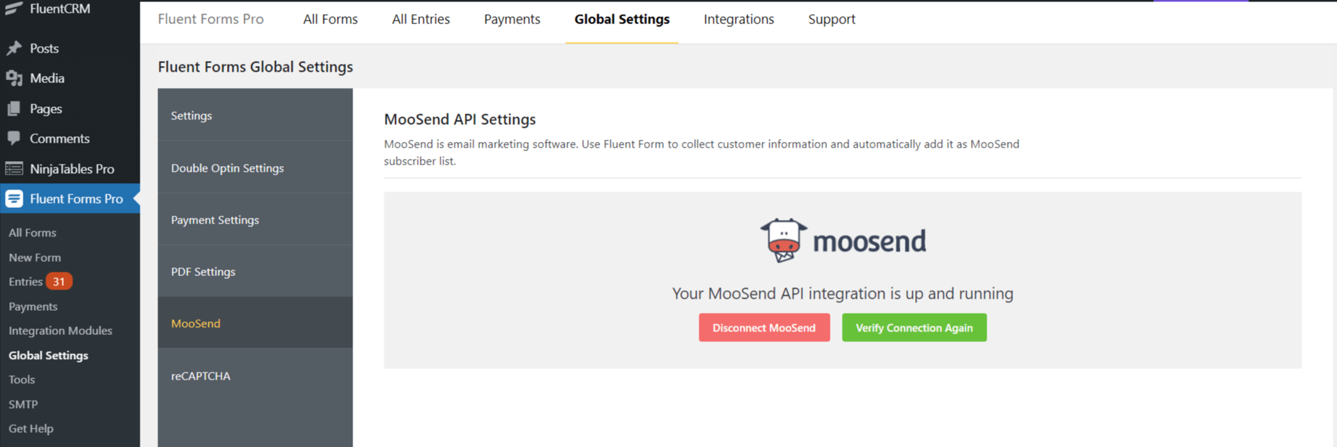 Moosend integration verified - WP Fluent Form 