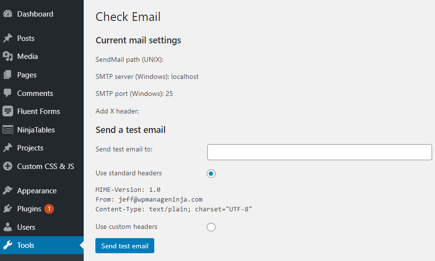 wordpress send test email