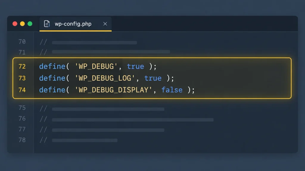 Showing turning on WordPress debugging